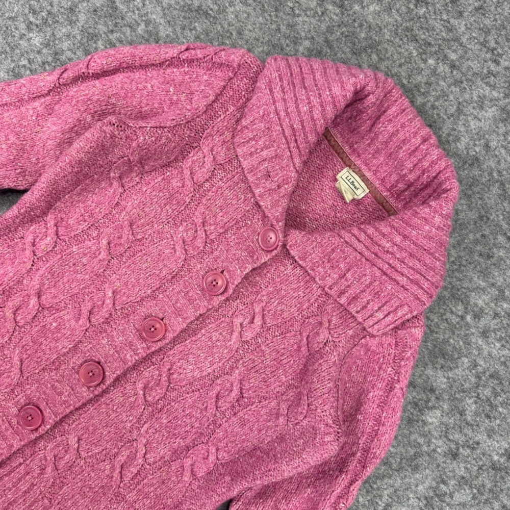 LL Bean Womens Medium Pink Wool‎ Blend Cable Knit Shawl Collar Cardigan 264920